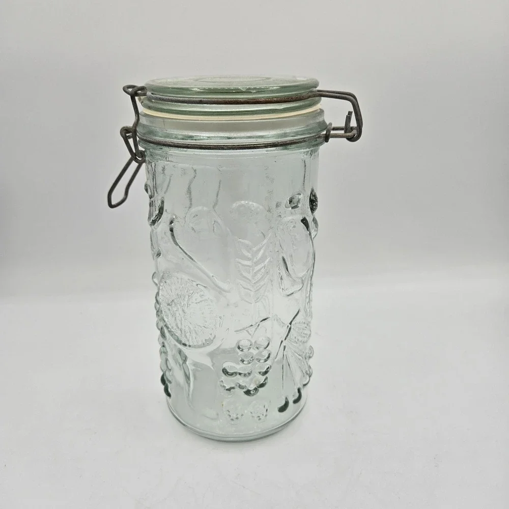 Fruit Embossed Clear Glass Canister with‎ Flip Top Vtg Jar Storage Container